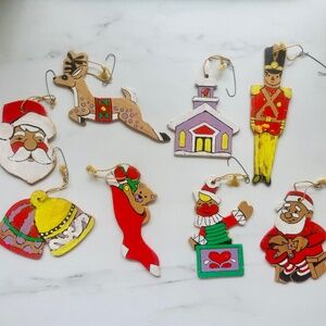Vintage (1970's) Hand Painted Wooden Christmas Ornaments, Set of 8, Artisan USA